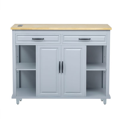 47 inch Kitchen Island with Extendable Dining Table, Rubber Wood Veneer Kitchen Table with Internal Storage Rack, Power Outlet, Kitchen island with Storage 2 Drawers 2 Cabinet