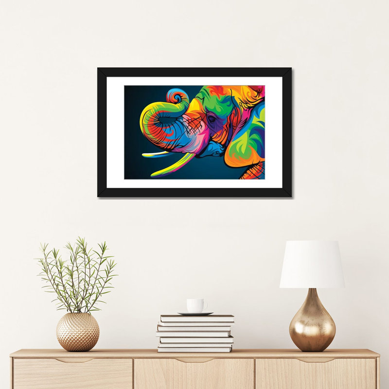 «Elephant», impression sur toile, H 16 po x l 24 po x P 1 po, Papier d'art encadré noir, Blanc