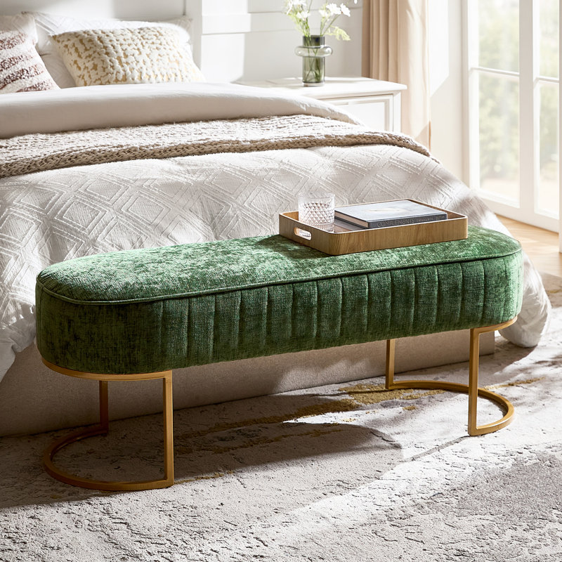 Banc rembourré en polyester 46 po avec coussin capitonné et base en métal Ferdinand Lawanda, Vert