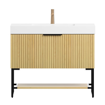 Meuble-lavabo autoportant de 91 cm (36 po) avec lavabo rectangulaire blanc, armoire en chêne, tiroir et tablette ouverte, résistant aux rayures et à l'eau, facile à installer, surfaces en contreplaqué solide, glissières à extension complète, préassemblé.