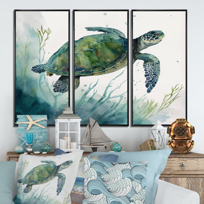 Tortue aquarelle nageant II - 3 pièces sur toile