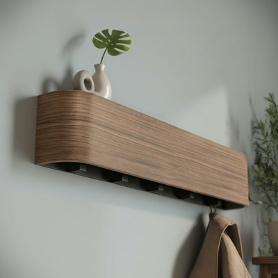 Walnut Veneer Wall-Mounted Coat Rack, Modern Design, With Hidden Hooks, A Storage Solution For Entryways And Bedrooms, Brown.