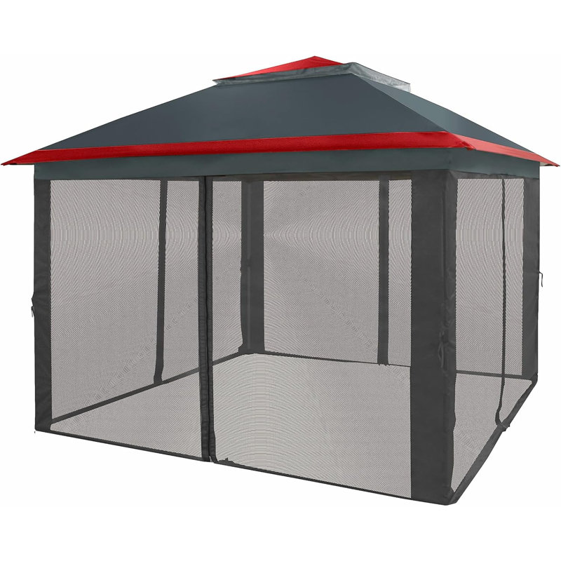 CROWN SHADES 11x11 Pop Up Gazebo, Patented One Push Outoor Canopy Tent with Wheeled STO-N-Go Cover Bag, Pop Up Canopy with Netting for Patio, Backyard (11x11, Red & Grey Grid)