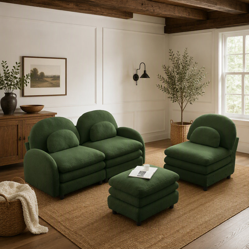Canapé modulaire 3 places en tissu Teddy avec dossier incurvé, pouf amovible, coussins double couche et soutien lombaire ergonomique.