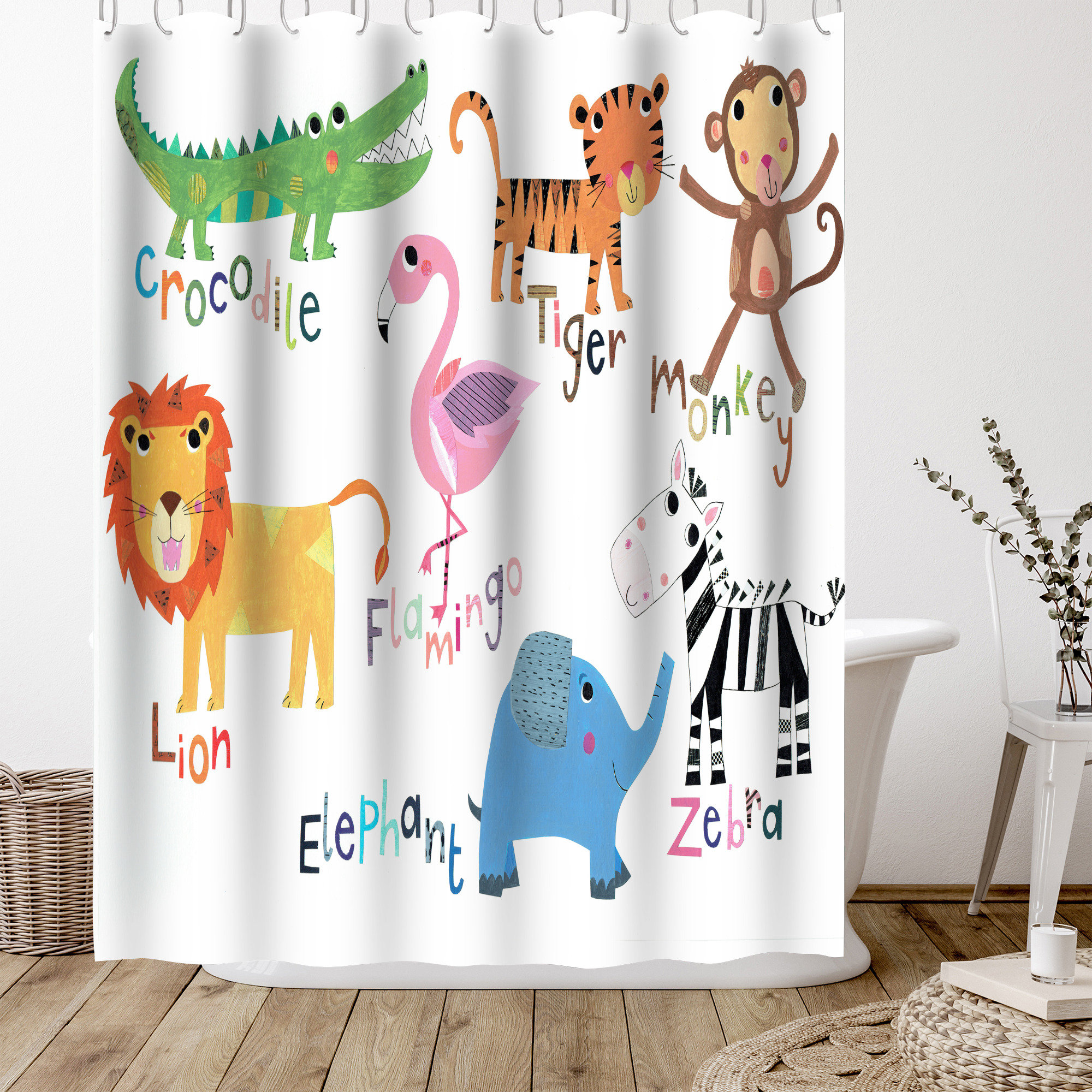 Kids Jungle Bath RAINBOW SAFARI Shower Curtain and Hooks