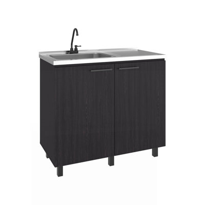 Napoles Utility Sink Complete With Faucet, Freestanding Base With Legs And Deep Stainless Steel Basin, Modern Multi-Purpose Sink For Kitchen, Laundry Or Utility Room, Black + Dark Walnut