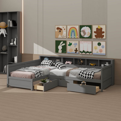 Structure de lit de jour simple en L en forme de L pour deux personnes, avec 3 tiroirs de rangement et une bibliothèque, lit d'angle pour la chambre à coucher