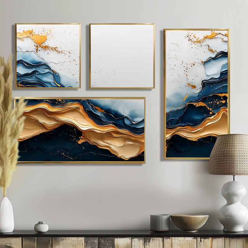 Golden Silence of Minimal Marble River IV - Art mural abstrait 4 pièces, Impression encadrée sans passe-partout, Doré