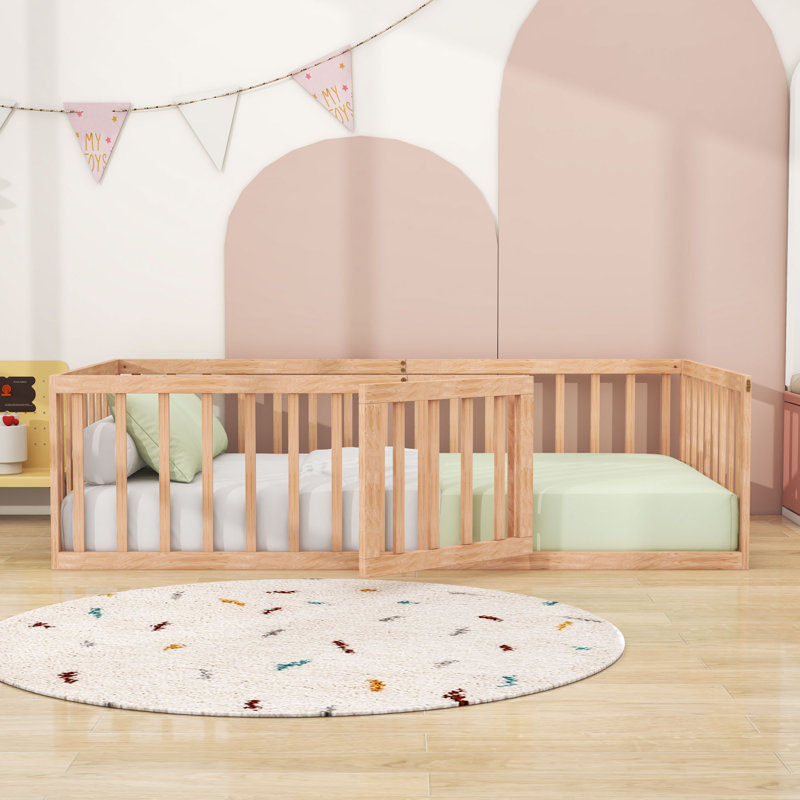 Wooden Floor Bed With Guardrails And Door, Natural