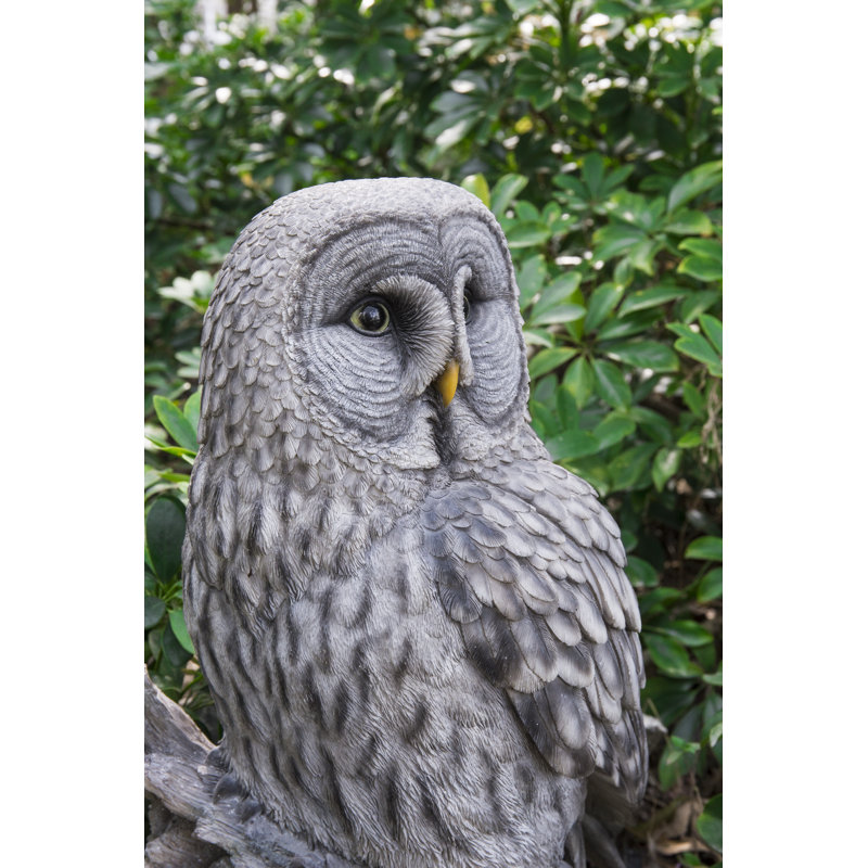 Grey Polyresin Owl on Tree Stump Statue