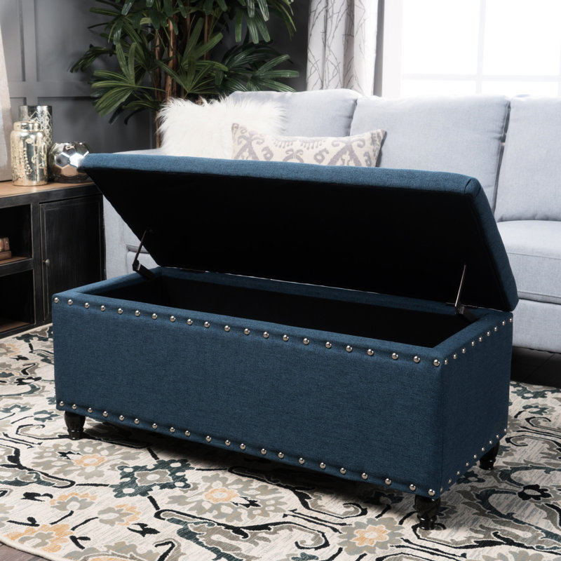 Banc avec repose-pieds en tissu couleur blé - siège élégant avec compartiment caché, Marine