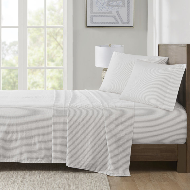 Ensemble de draps 100% coton 200 fils 200 fils, Ensemble de draps pour très grand lit avec 2 taie, Rayure grise