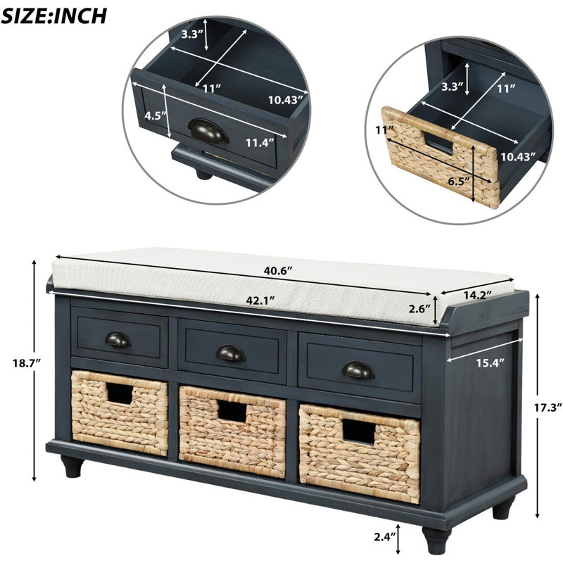 Storage Bench With 3 Drawers And 3 Rattan Baskets Removable Cushion For Entryway Hallway Front Door,, Grey
