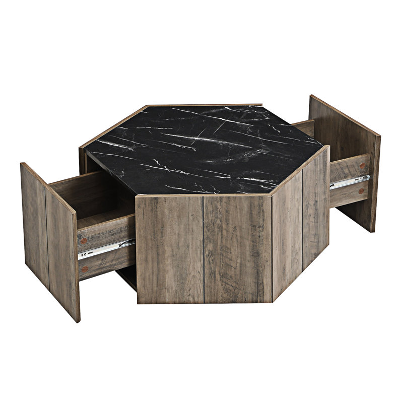 Hexagonal Rustic Retro Wood Coffee Table, Black/Light Brown
