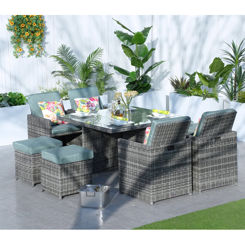 8 - Person Wicker Patio Dining Set with Square Table , Cushions Included, Gray, Celadon
