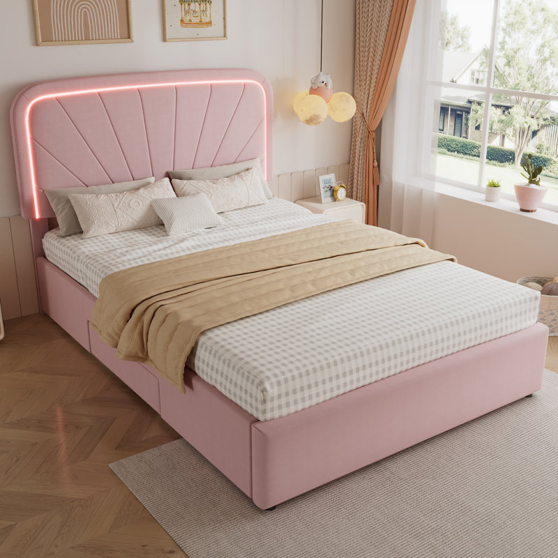 Pink Velvet Bed with 2 Drawers & Soft Headboard, Double