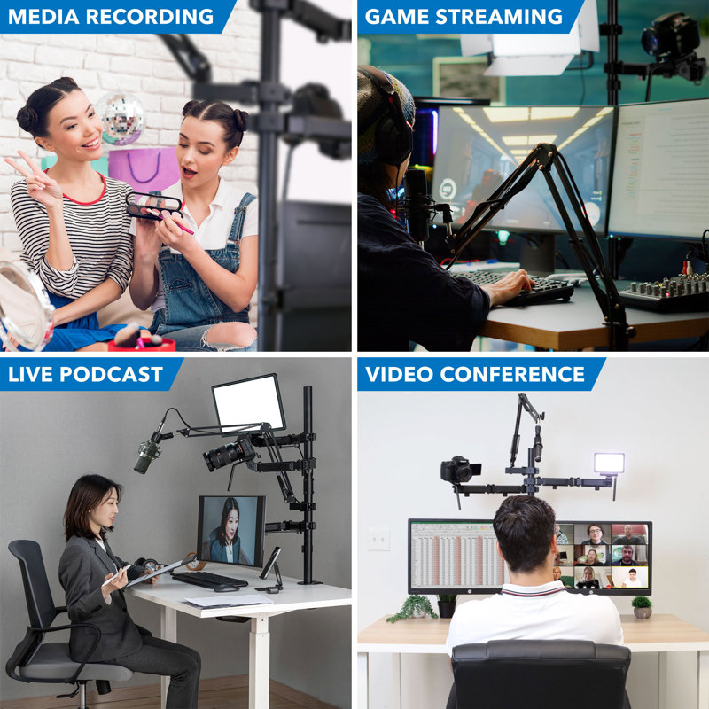 Black Steel Multi-Arm Desktop Streaming Mount with Mic Holder