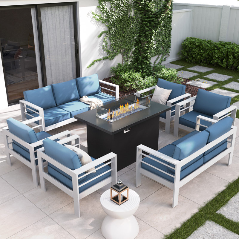 9 - Person Patio Conversation Set with Cushions, Blue, White