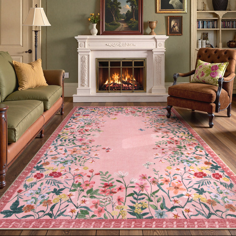 Floral Vintage Washable Pink Area Rug with Non Slip Backing - Low Pile Durable Carpet for Living Room, Bedroom, Dining Room or Office Decor