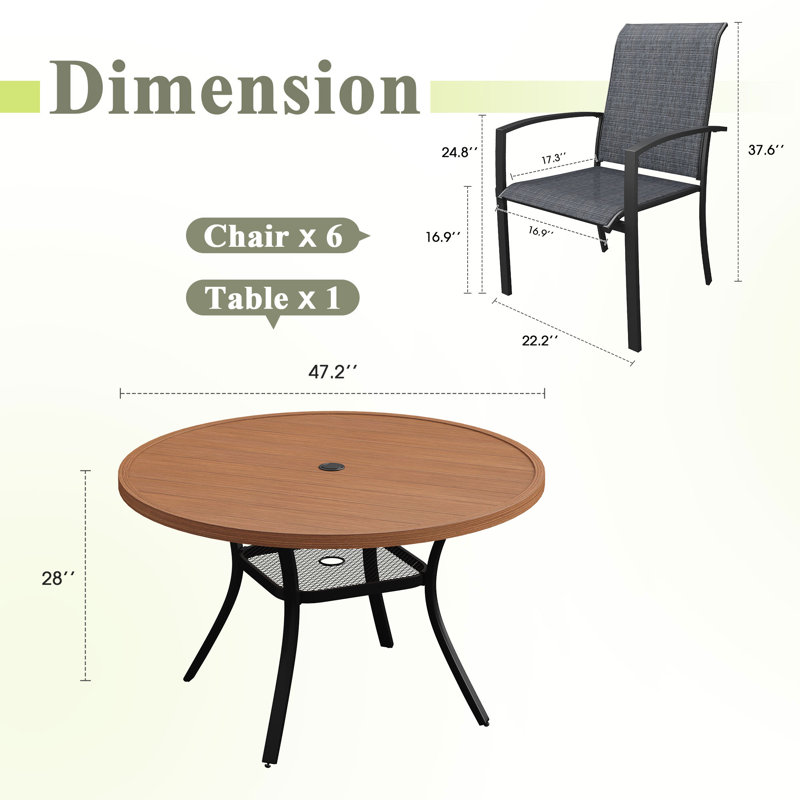 Ensemble de salle à manger de patio 6 personnes avec chaises empilables Textilene, Bois brossé brun / noir