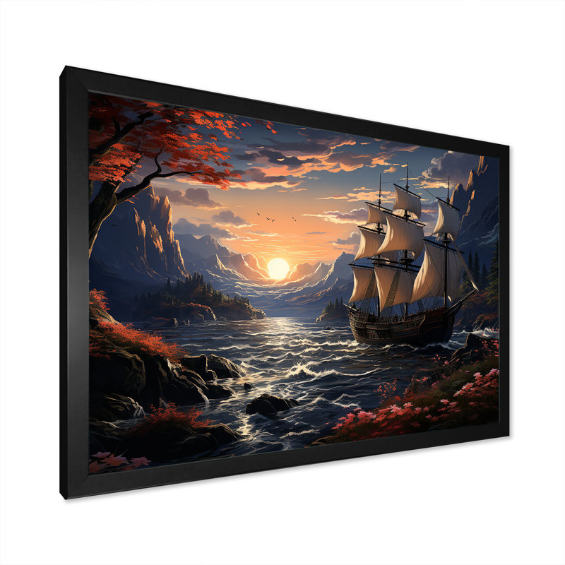Bateau pirate au milieu de Legacy III - art mural pirate, Cadre d'angle fermé noir, H 12 po x l 20 po x P 1 po