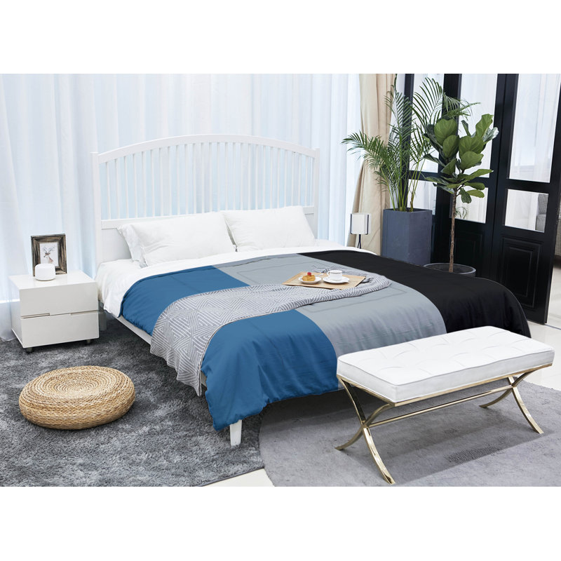 Modern & Contemporary Polyester Box Stitch Striped Comforter, Twin Comforter, Blue/Silver/Black