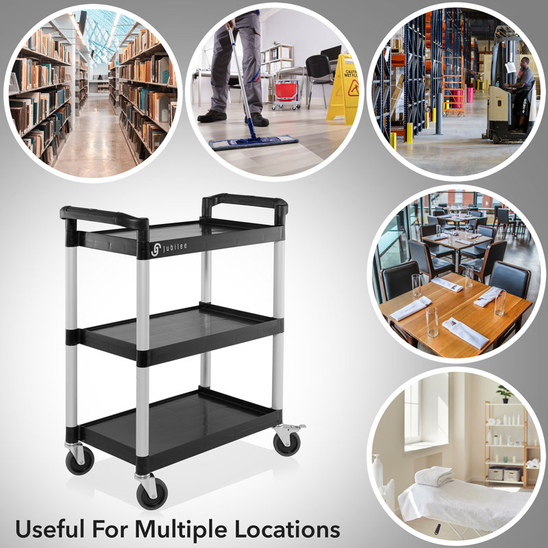 Jubilee 3-Tier Black and Silver Utility Service Cart with Wheels
