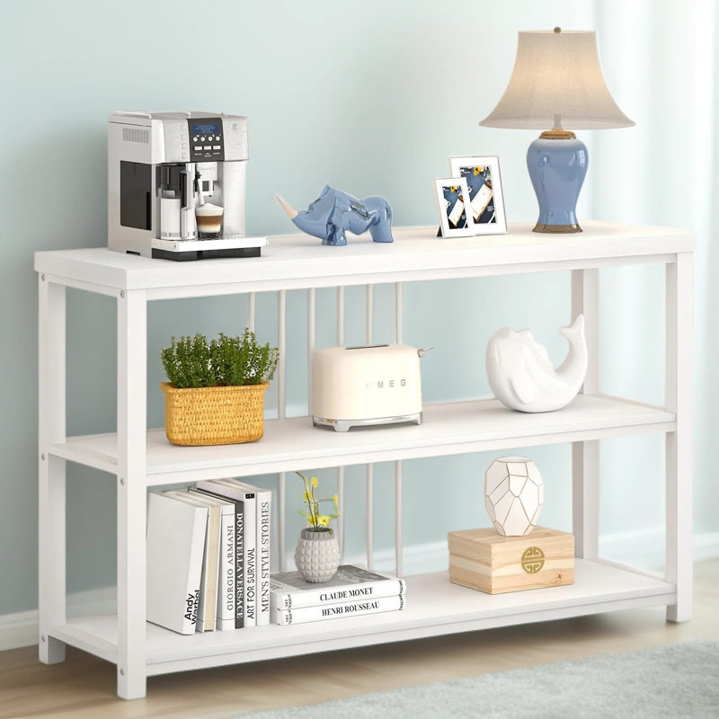 Console moderne pour entrée, table d'appoint en bois à 3 niveaux avec rangement, idéale derrière un canapé dans un couloir ou un salon, en chêne blanc.