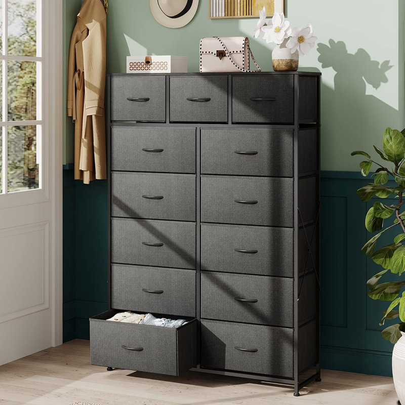 Grande commode pour chambre à coucher avec 13 tiroirs, unité de rangement pour commode, commodes en tissu pour chambre à coucher, placard, commode avec bacs en tissu, structure en acier, plateau en bois, noir anthracite