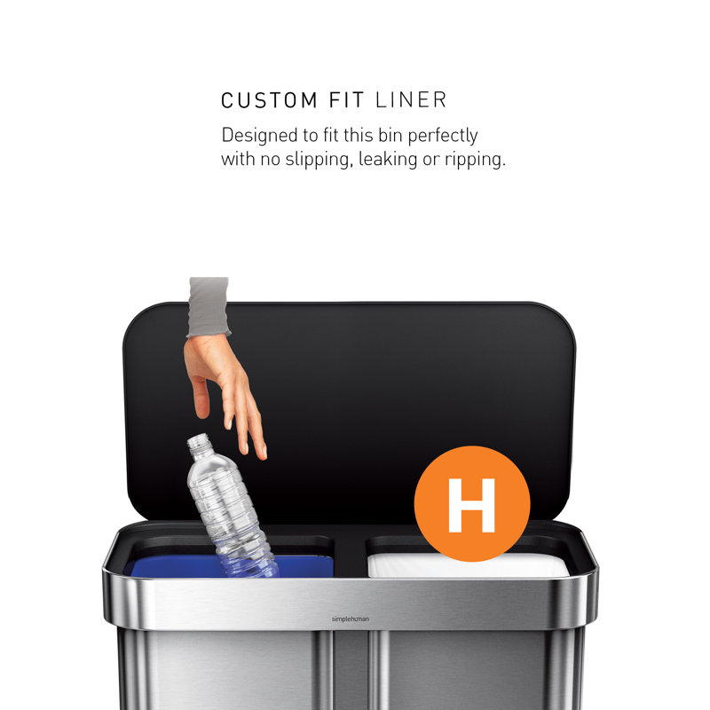 Simplehuman 58L recycling rectangular pedal bin with black plastic lid, brushed stainless steel