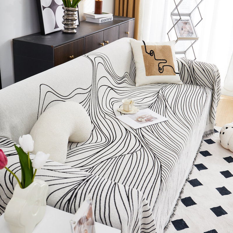 Chenille Sofa Slipcover, White/Black