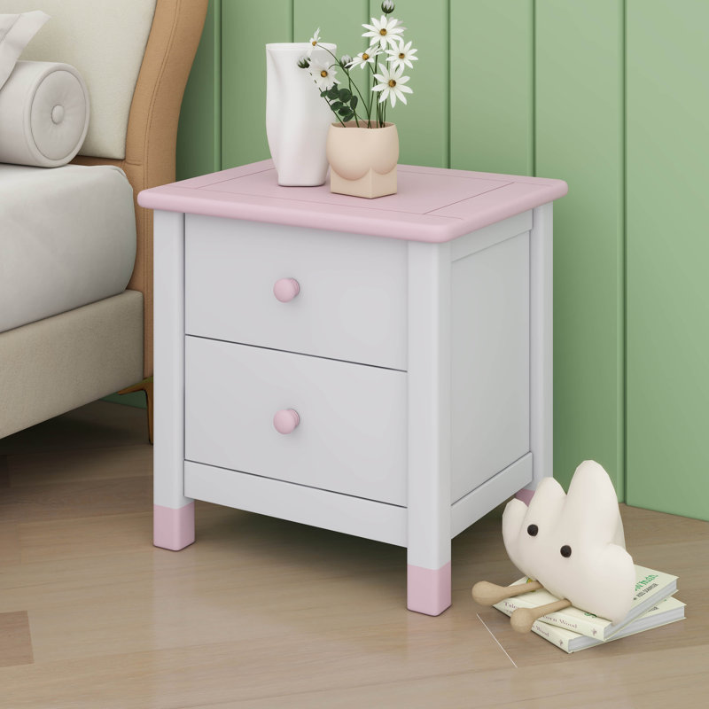 Table de chevet 2 tiroirs, Blanc / rose