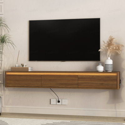 Meuble télé flottant, meuble télé mural avec lumières DEL et prise de courant, meuble télé ultrabrillant pour meuble télé