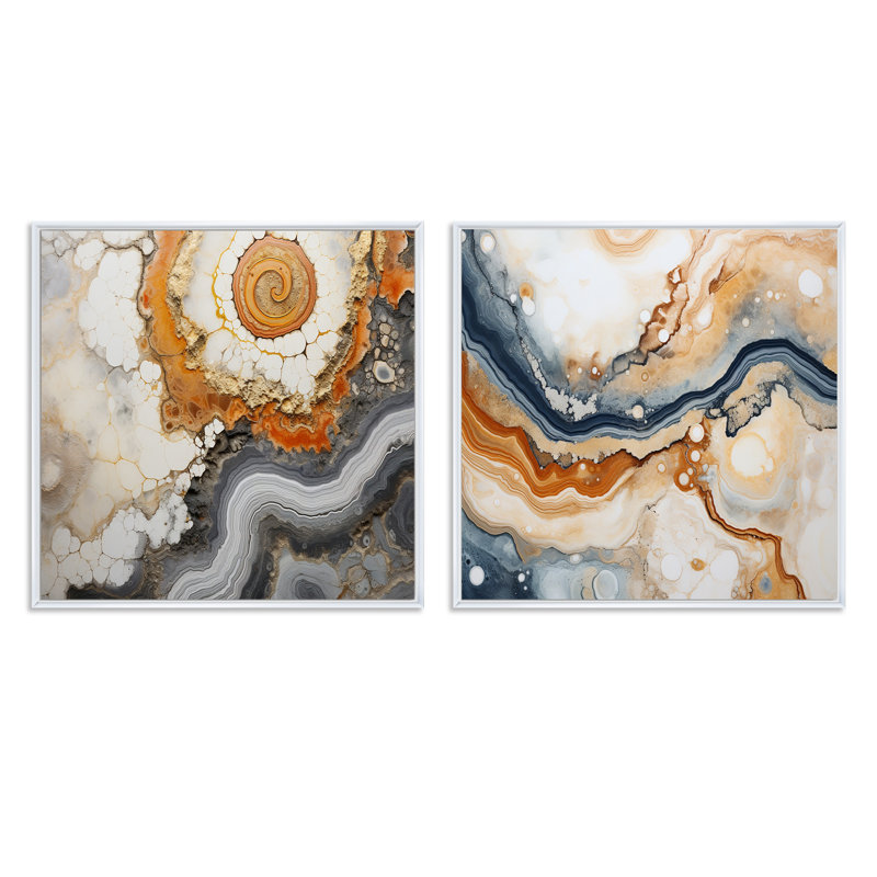 Beige et jaune pierre Geode Simplicity - Ensemble de 2 collages carrés en géode de pierre, Cadre flottant blanc