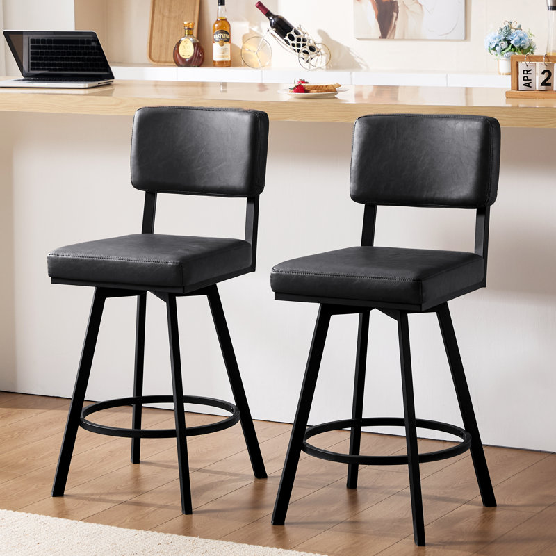 Bronson 26.6" Industrial Swivel Counter Stool with Rectangular Back and Metal Frame, Black