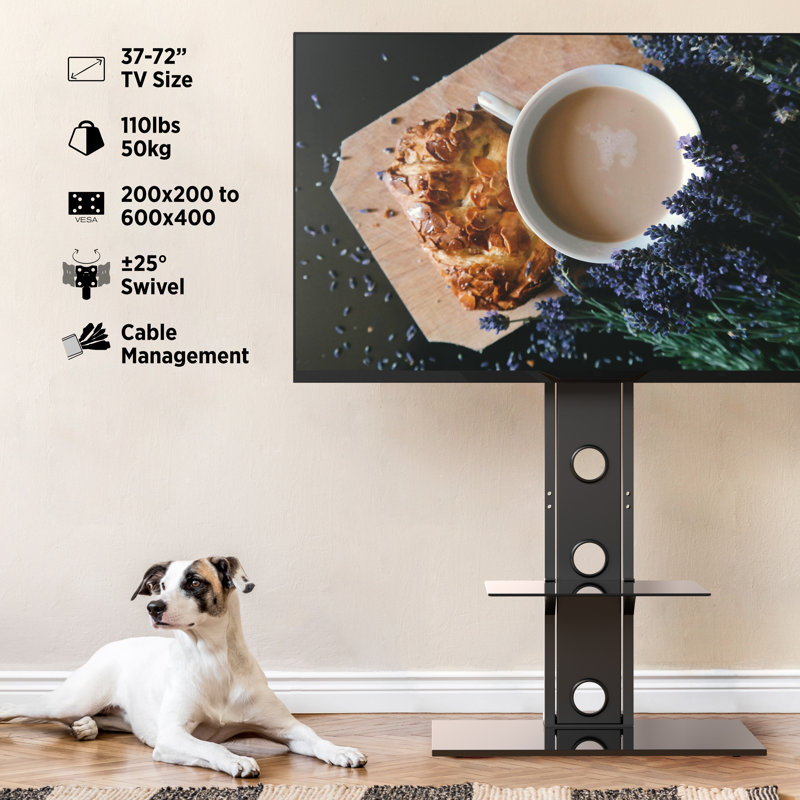 Black Metal Swivel TV Stand with Tempered Glass Shelves