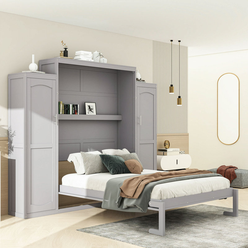 Lit escamotable avec armoire intégrée et tablettes de rangement, Gris, Grand lit