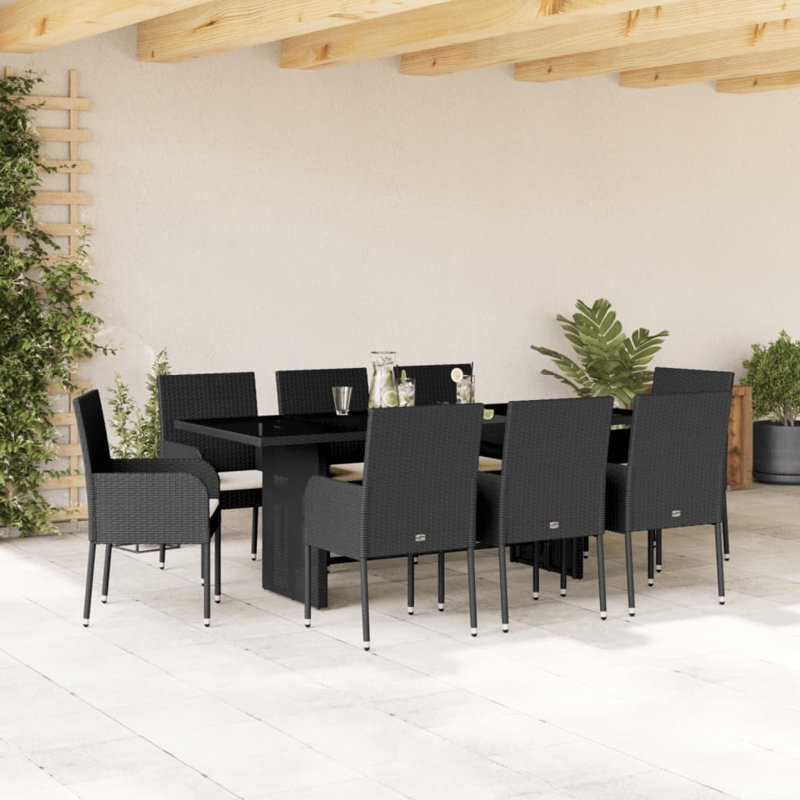  Ensemble de salle à manger de jardin en rotin PE noir 9 pièces, Noir, Blanc
