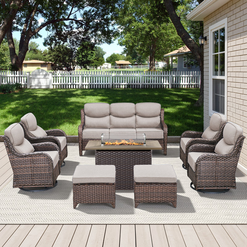 7-9 Person Outdoor Wicker Family Party Conversation Set With Swivel Rockers And Fire Pit, Beige, Brown