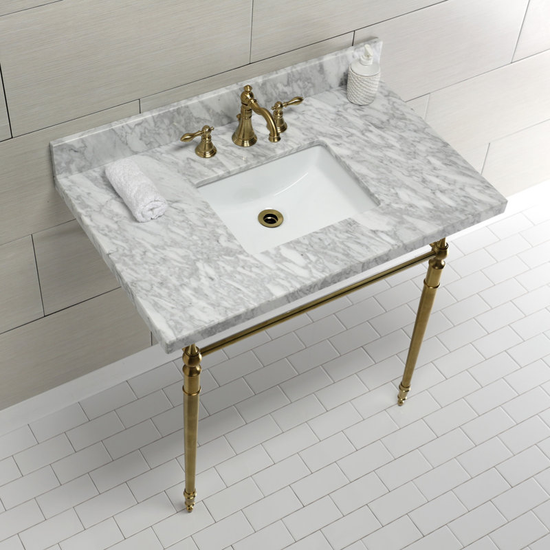 Lavabo de salle de bain console rectangulaire en céramique avec trop-plein Edwardian, Marbre blanc / laiton brossé