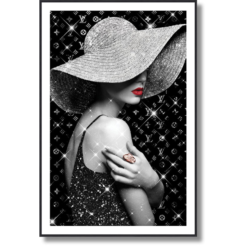«Glamour Woman with Hat in Glitter Art», art mural - 32 po x 47 po - cadre noir
