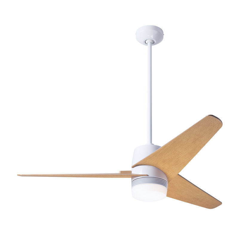 Velo LED Downrod Ceiling Fan, Wall/Remote Combo Controls, Maple, Gloss White