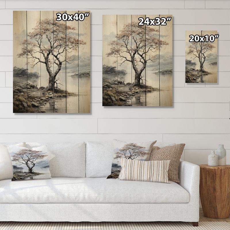 Arbre gris gris, paysage monochromes I - impression florale sur bois de pin naturel, H 32 po x l 24 po x P 0,78 po