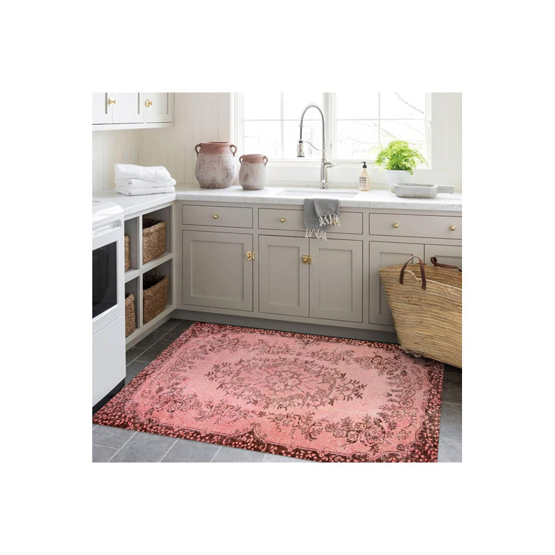 Tapis rose délavé à motif tissé délavé à la machine, Tapis de couloir 3 pi 3 po x 6 pi 7 po