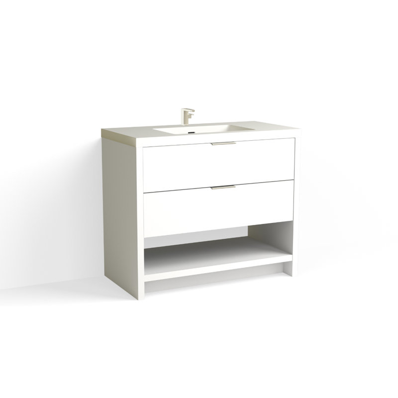 Vue 42" W Freestanding Single Bathroom Vanity, White Nanomatte, Polished Nickel, Matte White/Single