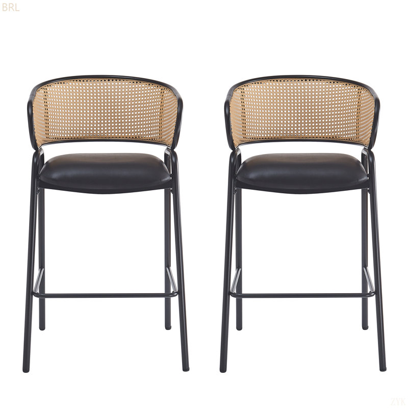 Tabouret de bar d'intérieur revêtu de métal, siège en similicuir avec dossier en rotin Wowen, ensemble de 2