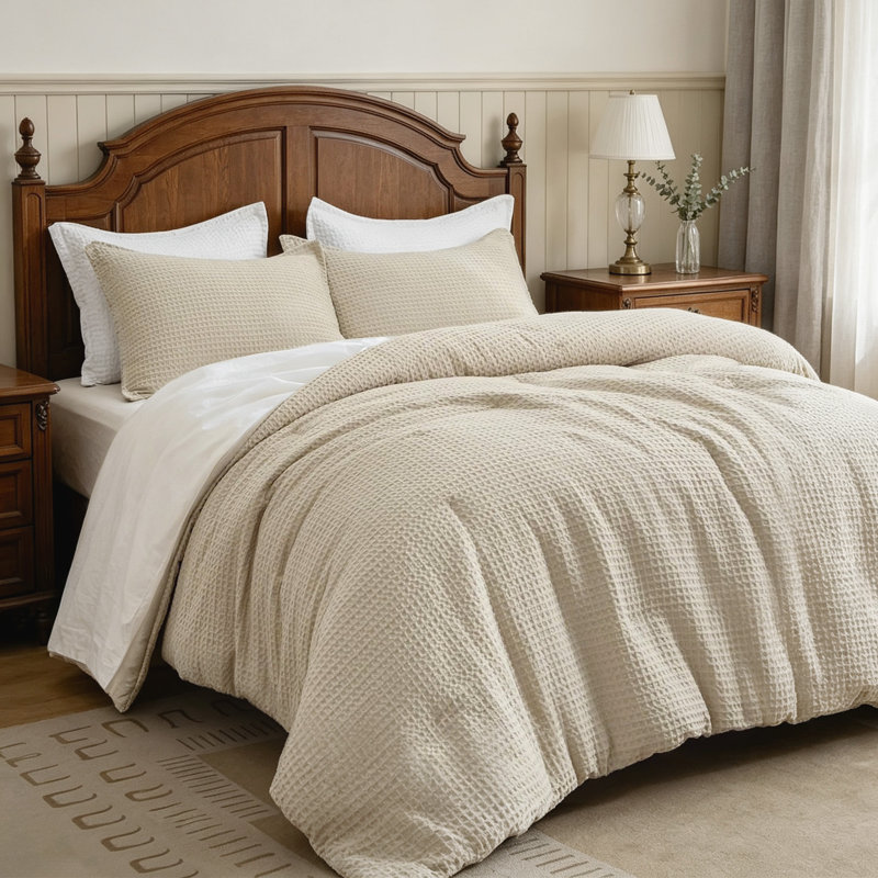 Ensemble de housse de couette 100% coton tissé gaufré, Taupe, Housse de couette pour très grand lit + taie dé