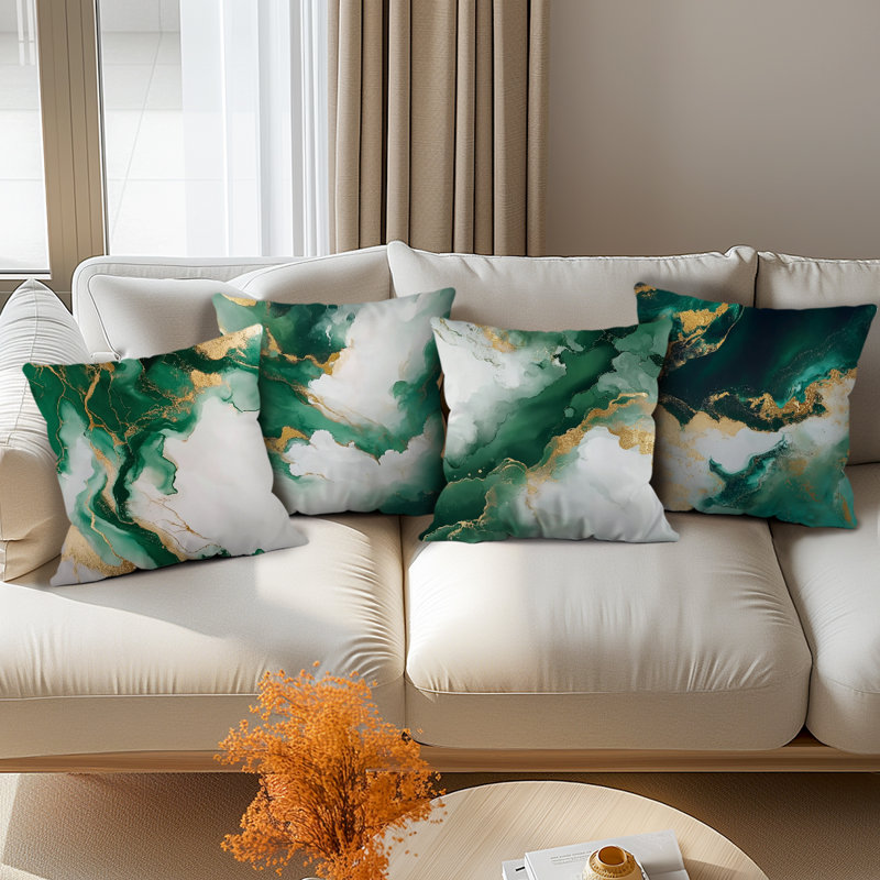 4 housses de coussin décoratives à motif de marbre vert
