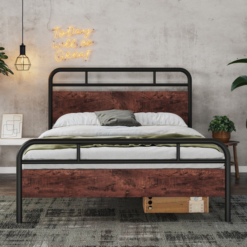 Milligan Metal Platform Bed Frame with Wood Headboard and Footboard, Sandalwood, Full