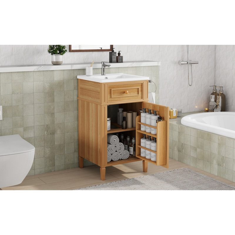 Meuble-lavabo en bois de 20 po avec lavabo, pieds en bois massif, tablette réglable, tiroir inclinable, poignées en bois, armoire autoportante moderne pour petite salle de bain